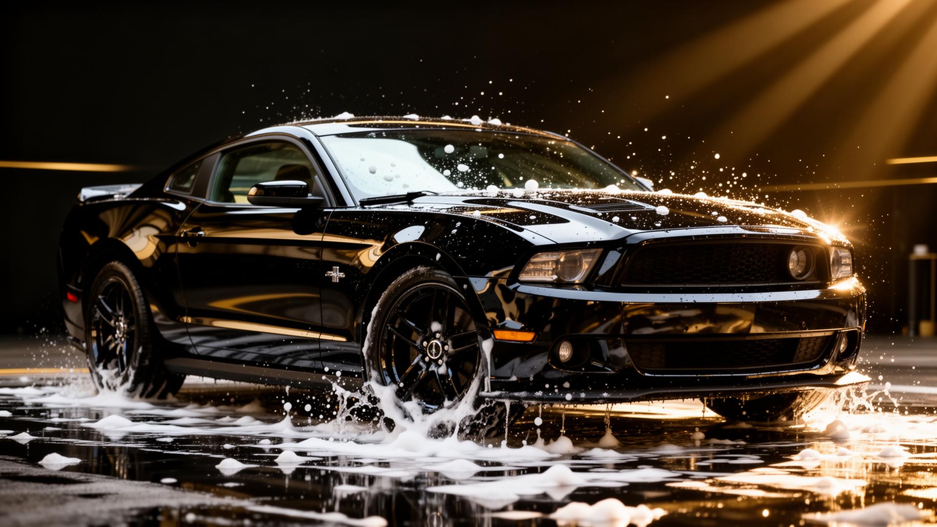 Black sports car detailed with water splash